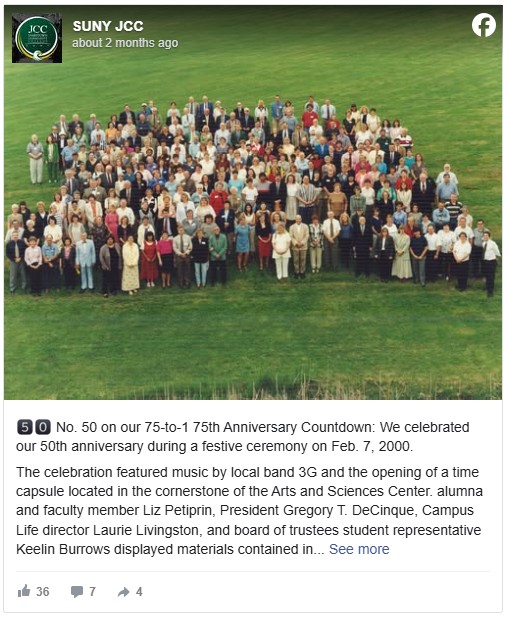 Facebook post showing a large group of people stands closely together on a grassy field, commemorating SUNY bc体育足球's 50th anniversary