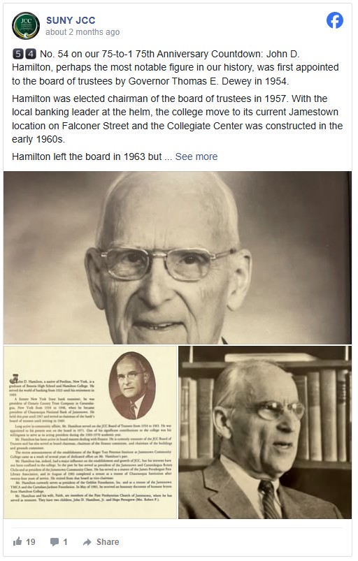 Facebook post by SUNY bc体育足球 featuring John D. Hamilton. Top: Close-up of an elderly man with glasses. Bottom left: A page with Hamilton's portrait and text about his achievements. Bottom right: A black-and-white photo of Hamilton in a suit speaking, books in the background. Tone is historical and commemorative.