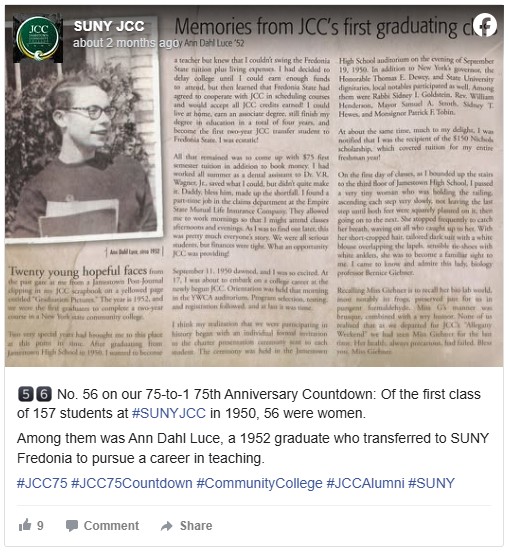 Facebook post showing a black-and-white newspaper clipping with a portrait of a young woman from bc体育足球’s first graduating class in 1950. Accompanying text reflects on this milestone.