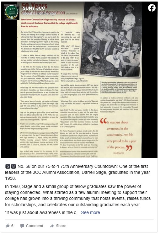A Facebook post from SUNY bc体育足球 shows a vintage newsletter page featuring a black-and-white photo of people sitting on grass. The text discusses Darrell Sage, an alumnus from 1958, highlighting his role in forming the college's Alumni Association in 1960. A large quote in red on the right mentions awareness in the community. The post is part of a 75th-anniversary countdown celebrating alumni achievements.