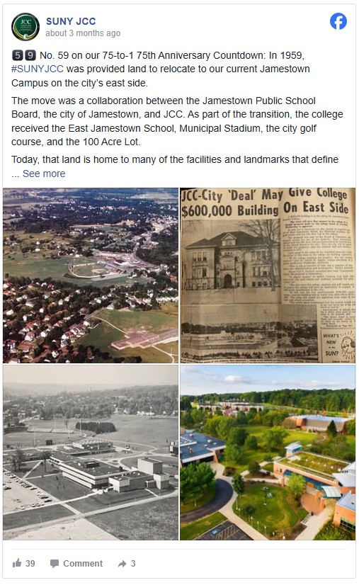 Facebook post of a collage of four images showing SUNY bc体育足球's history. Includes aerial views then and now, an old newspaper clipping, and early campus buildings.