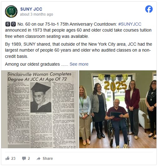 Facebook post showing a newspaper headline highlights a 72-year-old graduate. Adjacent, a smiling elderly graduate in a wheelchair holds a diploma, surrounded by four standing people.