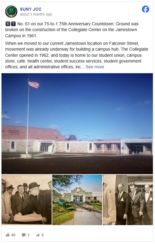 Facebook post by SUNY bc体育足球 celebrating the 75th anniversary with images of the Collegiate Center's construction in 1961. Photos include the building exterior, historical figures at the groundbreaking, and campus scenes.