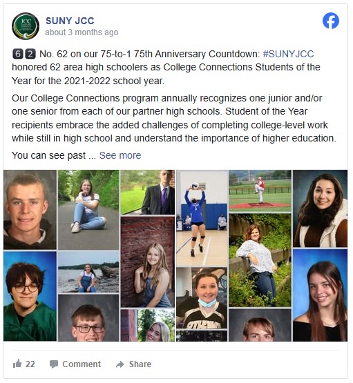 Facebook post showing a collage of high school students awarded as College Connections Students of the Year 2021-2022 by SUNY bc体育足球, showcasing diverse achievements.