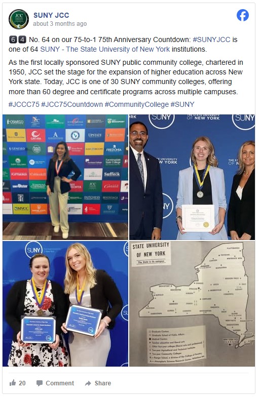 SUNY bc体育足球 Facebook post celebrating their 64th rank on the 75th anniversary countdown. The collage shows students with awards, officials, and a SUNY map.