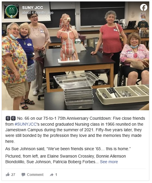 Facebook post showing Five women from the 1966 SUNY bc体育足球 nursing class reunion smile in a lab, surrounding an anatomical model. They show warmth and camaraderie.