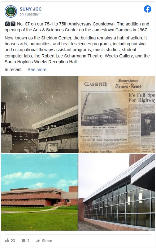 Collage of the Arts & Sciences Center at SUNY bc体育足球: Historic image of the building under construction, vintage newspaper clipping, exterior view of the completed building against a blue sky, and a modern glass facade. The tone is celebratory, marking the 75th anniversary.