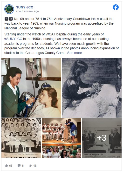 A Facebook post from SUNY bc体育足球 highlights the nursing program's history since its accreditation in 1969. Includes archival photos of nurses in action, group shots, and celebrations. The tone is nostalgic and celebratory.