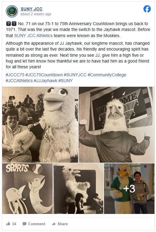 A collage celebrating the SUNY bc体育足球 mascot, JJ Jayhawk: features vintage photos of the mascot, a recent image with a student, and sports-themed drawings. Tone is nostalgic and cheerful.