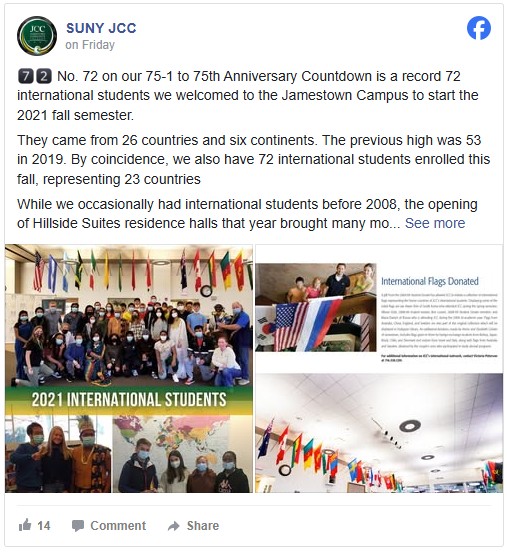 Facebook post showing images of: A diverse group of international students wearing masks pose with flags overhead. Below, smaller groups stand by a world map and display cheerful camaraderie. A spacious room adorned with various international flags, representing diverse countries, with seating and natural lighting in the background.