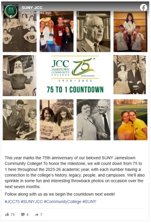 A facebook post showing a collage of photos showing people at Jamestown Community College throughout the years with the bc体育足球 75th anniversary logo and text “75 to 1 Countdown, 1950-2025” in the center.