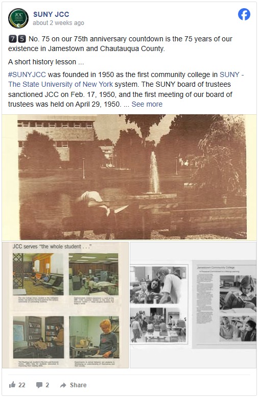 A facebook post showing a vintage sepia-toned photo of SUNY bc体育足球 campus features a fountain and trees. Below are images depicting student life, including various activities and classroom settings. The post celebrates the college's 75th anniversary, highlighting its founding history within the SUNY system.